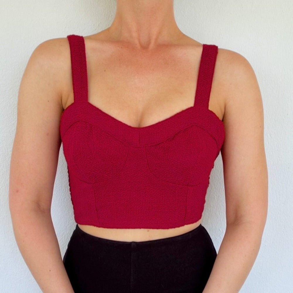 Japna dark red tweed cotton corset style smocked elastic fit crop top size small